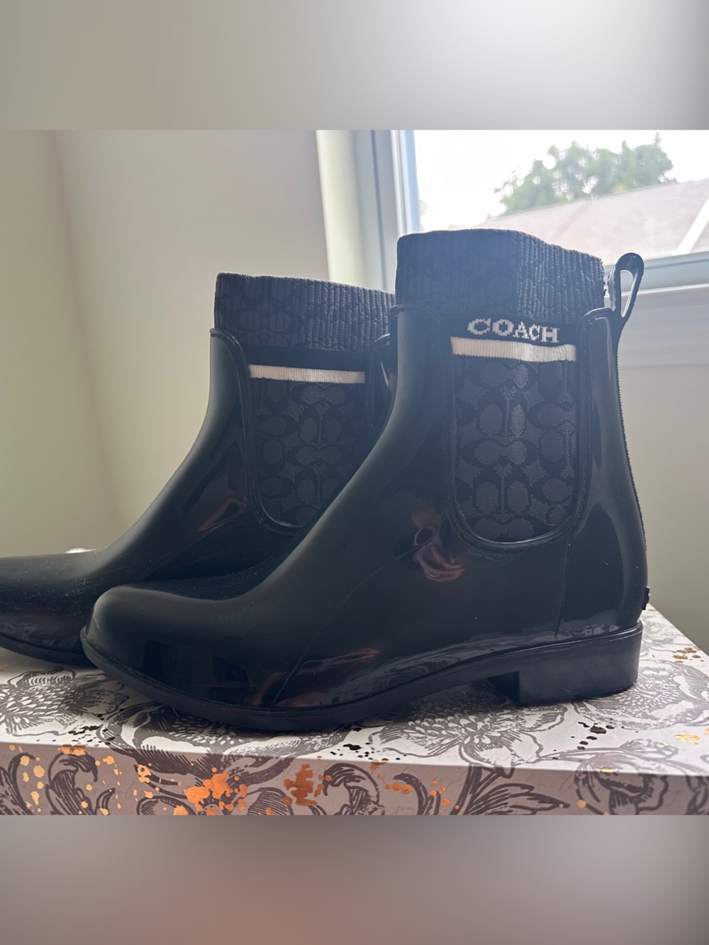 Coach Black Glossy Chelsea Rain Booties with Signature Knit Collar